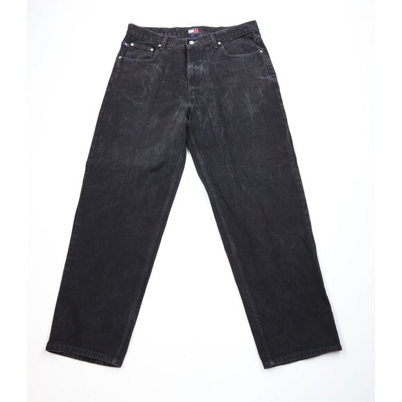 Vtg 90s Tommy Hilfiger Mens 38x32 Distressed Baggy Wide Leg Denim Jeans Black